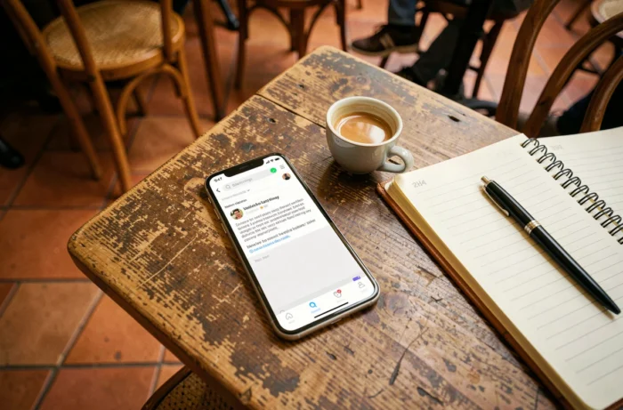 Smartphone affichant un email de contact posé sur une table de café avec carnet et espresso pour illustrer la prise de contact avec un blogueur