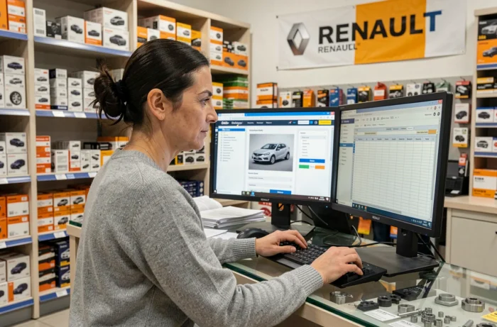 Employée d'un magasin de pièces détachées Renault consultant le catalogue Dialogys en ligne sur deux écrans dans un espace de vente professionnel