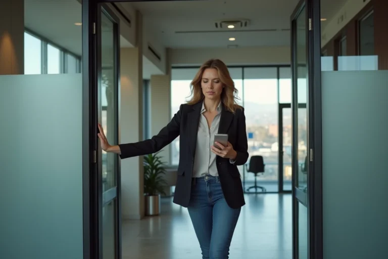Employée quittant les locaux de son entreprise durant la pause déjeuner, illustrant le droit de sortir pendant les temps de pause au travail