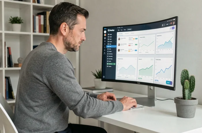 Un entrepreneur concentré gérant une campagne de marketing digital depuis son bureau à domicile