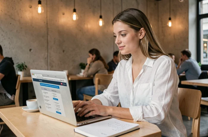 Jeune entrepreneuse vérifiant la conformité des mentions légales de son site internet suisse dans un café zurichois