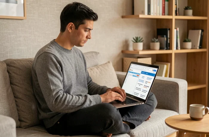 Entrepreneur indépendant travaillant sur une stratégie de marketing digital depuis son bureau à domicile avec un ordinateur portable