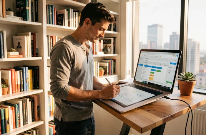 Entrepreneur masculin élaborant une stratégie de contenu SEO sur tablette graphique dans un bureau à domicile