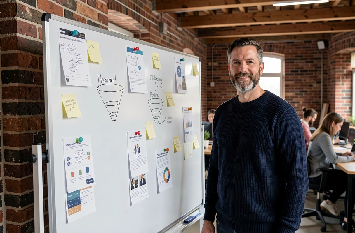 Entrepreneur présentant une stratégie marketing sur tableau blanc dans un espace de coworking
