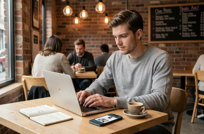 Jeune entrepreneur travaillant sur sa stratégie de visibilité en ligne depuis un café urbain avec un ordinateur portable