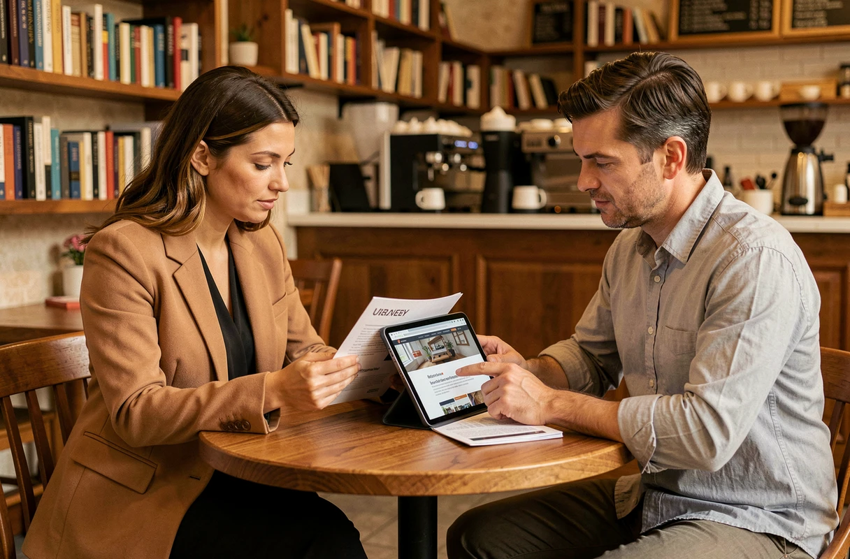 Deux entrepreneurs consultant des ressources marketing sur tablette et guides imprimés dans un café
