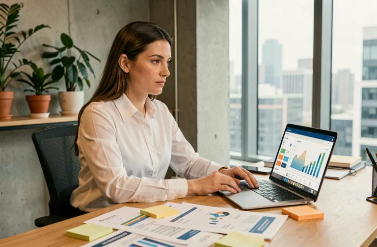 Entrepreneuse analysant des ressources marketing sur son ordinateur dans un bureau moderne avec rapports imprimés