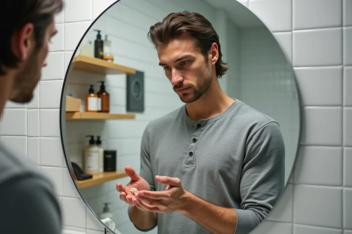 Homme entretenant sa coupe mulet avec de la pommade devant un miroir dans une salle de bain minimaliste