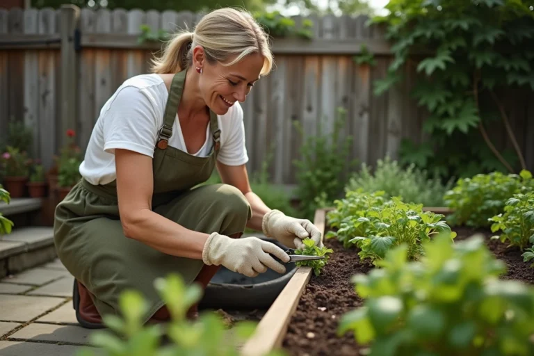 Femme en tablier entretenant un potager surélevé en bois dans un jardin résidentiel