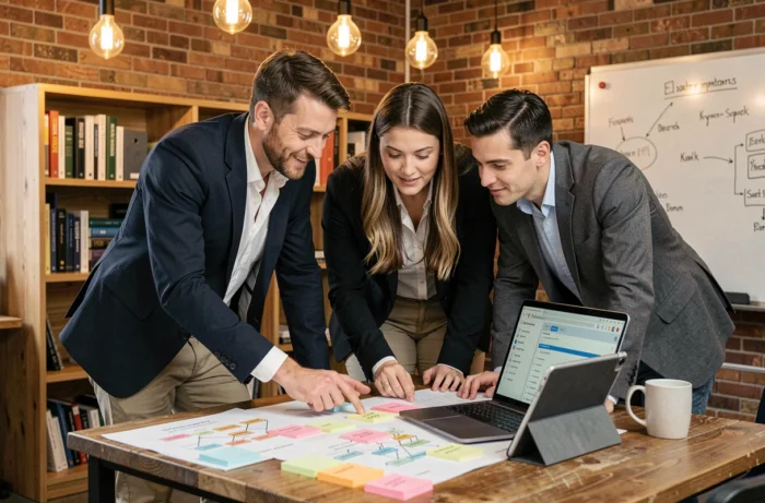 Équipe pluridisciplinaire collaborant sur une feuille de route agile pour la transformation digitale dans un espace de coworking