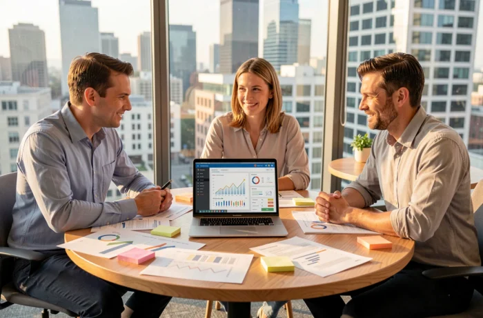 Une équipe de professionnels analysant des données marketing autour d'une table de co-working