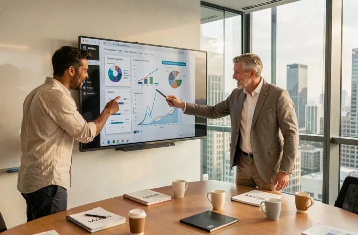 Équipe de professionnels collaborant sur une stratégie de marketing digital devant un écran interactif en salle de réunion