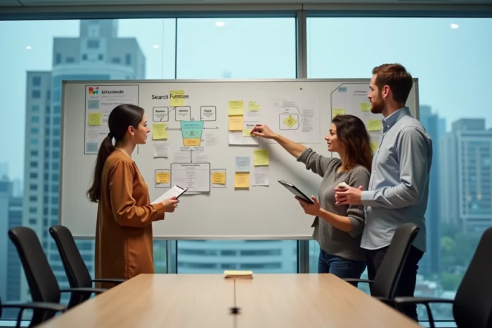 Équipe marketing collaborant sur une stratégie SEO devant un tableau blanc avec des diagrammes de référencement naturel