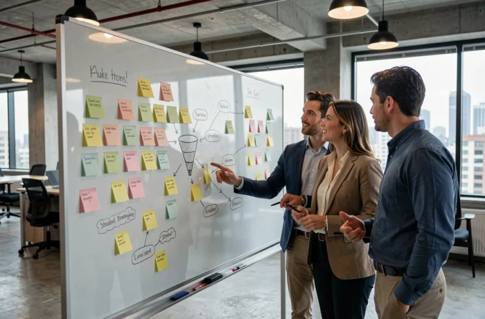 Équipe de professionnels en réunion de stratégie de marketing digital devant un tableau blanc dans un espace de coworking