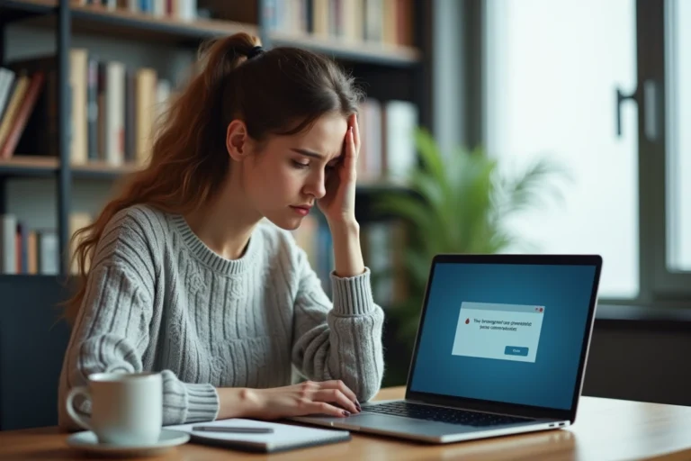 Femme frustrée devant une erreur de connexion sur son ordinateur portable à domicile