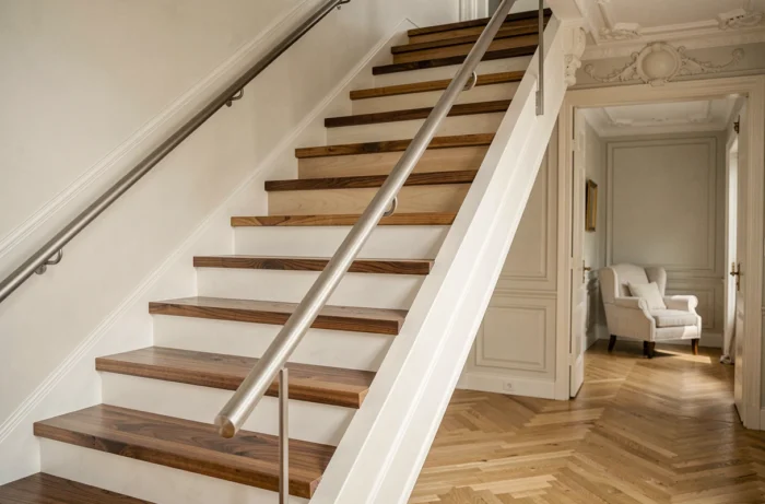 Escalier intérieur sur mesure en noyer massif avec rampe en acier brossé dans un appartement haussmannien rénové