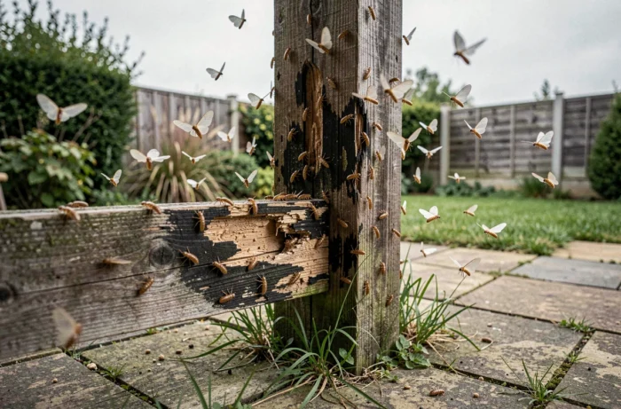 Essaimage de termites volantes autour d'un poteau en bois dégradé sur une terrasse extérieure de maison