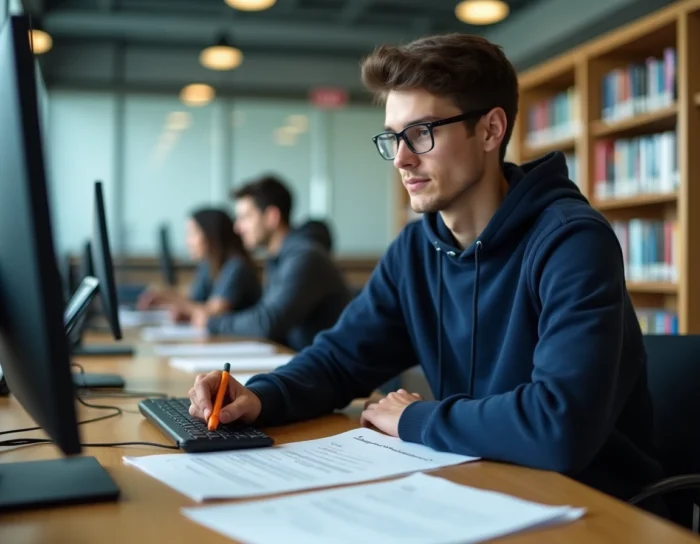 Étudiant consultant les conditions d'admission sur eCandidat dans une bibliothèque universitaire à Aix-Marseille