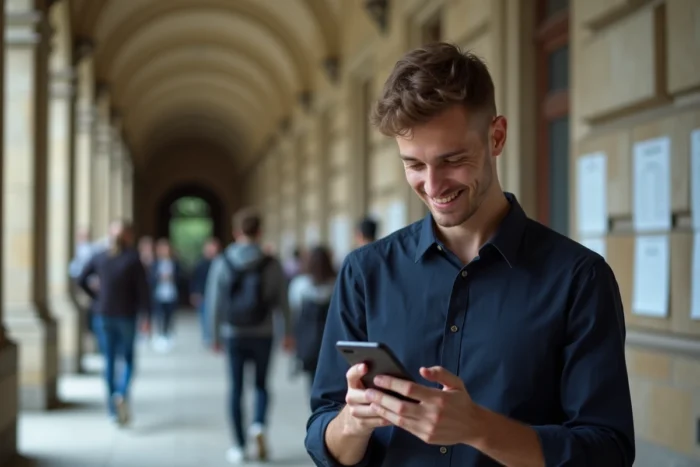 Étudiant consultant ses résultats d'examen sur smartphone dans le couloir de l'université Assas à Paris