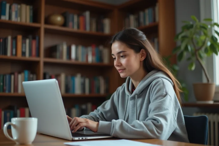 Étudiante en droit consultant ses résultats d'examen Assas sur un ordinateur portable dans son appartement étudiant