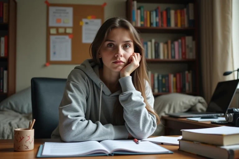 Étudiante de 18 ans révisant pour le bac avec des notes et des livres sur son bureau, exprimant une réflexion sur sa moyenne de 13