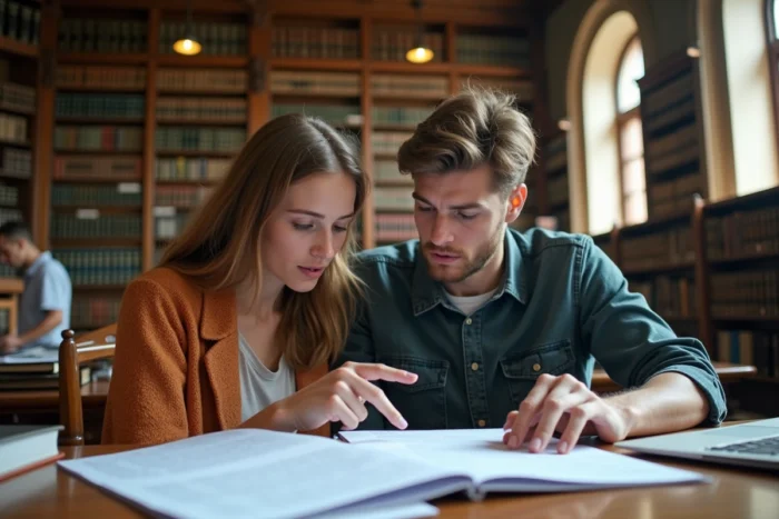 Deux étudiants en droit analysant ensemble leurs résultats d'examen imprimés dans une bibliothèque universitaire