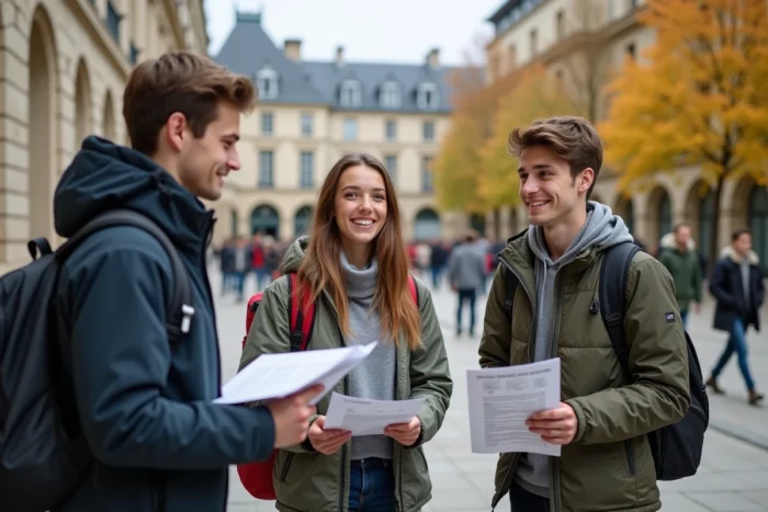 Groupe d'étudiants discutant de leur orientation universitaire devant un campus français, tenant des relevés de notes et des documents d'admission