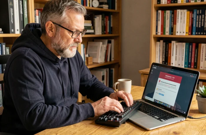 Expert en sécurité informatique travaillant depuis son bureau à domicile avec un gestionnaire de mots de passe ouvert