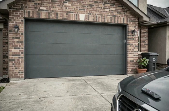 Porte de garage sectionnelle motorisée installée sur la facade d'une maison individuelle avec allée en béton