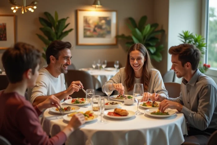 Famille profitant d'un repas inclus dans une formule pension complète dans un restaurant d'hôtel confortable