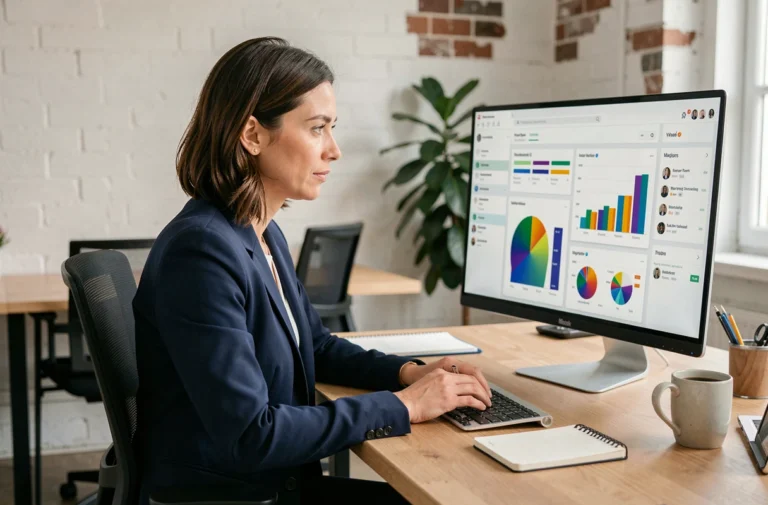 Femme professionnelle analysant des tableaux de bord de marketing digital sur un écran d'ordinateur dans un bureau moderne