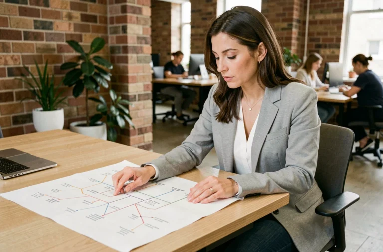Femme professionnelle analysant un plan de site imprimé sur un bureau en bois dans un bureau moderne