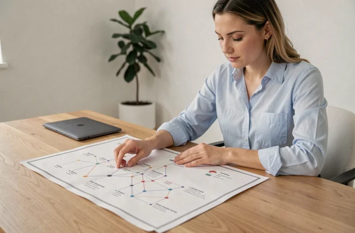 Femme analysant un plan de site imprimé et structuré sur un bureau en bois dans un bureau à domicile moderne