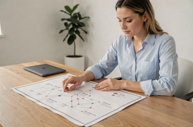 Femme analysant un plan de site imprimé et structuré sur un bureau en bois dans un bureau à domicile moderne