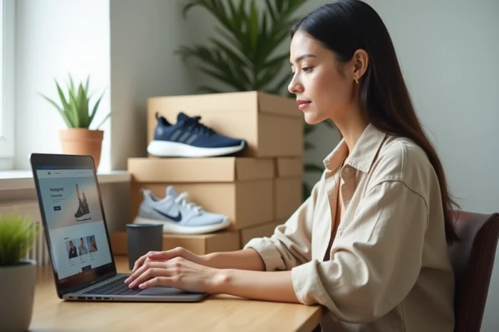 Femme travaillant sur une plateforme de revente de sneakers depuis son bureau à domicile