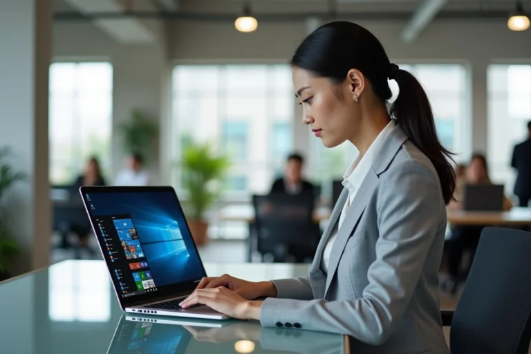 Femme professionnelle utilisant un ordinateur portable sous une interface Windows futuriste dans un bureau moderne