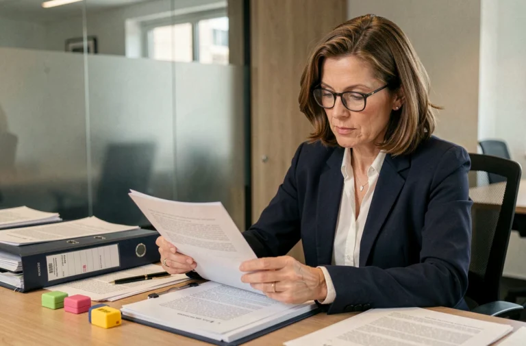 Femme cadre consultant un document juridique sur la formation professionnelle dans un bureau moderne en France