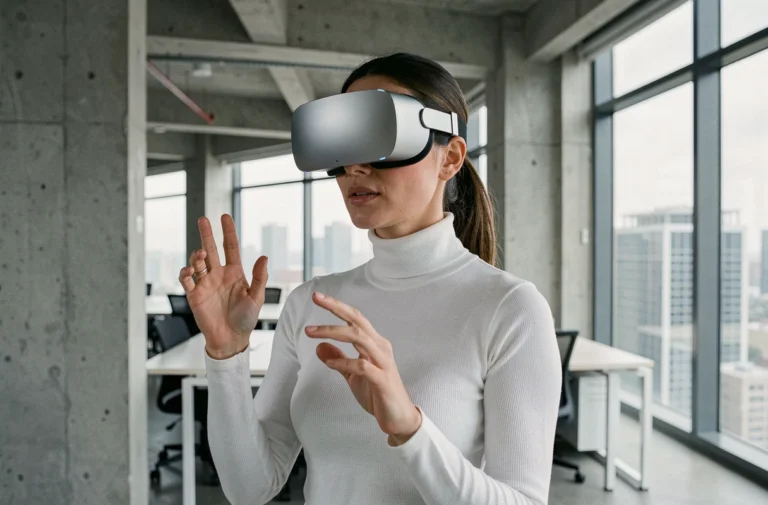 Femme portant un casque de réalité augmentée dans un espace de co-working moderne, illustrant les tendances high-tech 2024