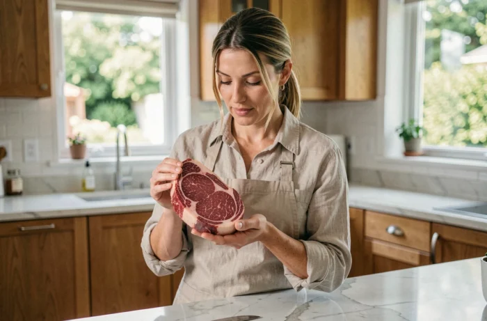 Femme inspectant un steak de bœuf cru dans une cuisine moderne pour évaluer le persillage et choisir entre USDA Choice et Angus