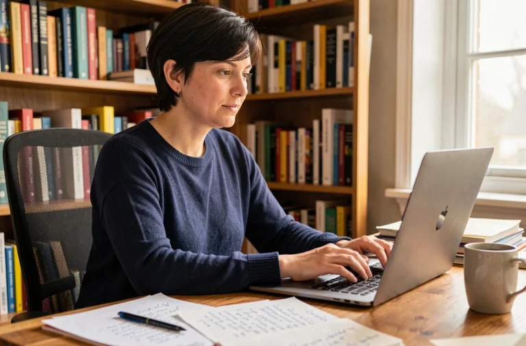 Femme débutante en informatique travaillant sur un ordinateur portable dans un bureau à domicile entouré de notes manuscrites