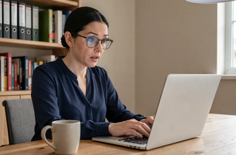 Femme concentrée découvrant le site Albrad.com sur son ordinateur portable dans un bureau à domicile