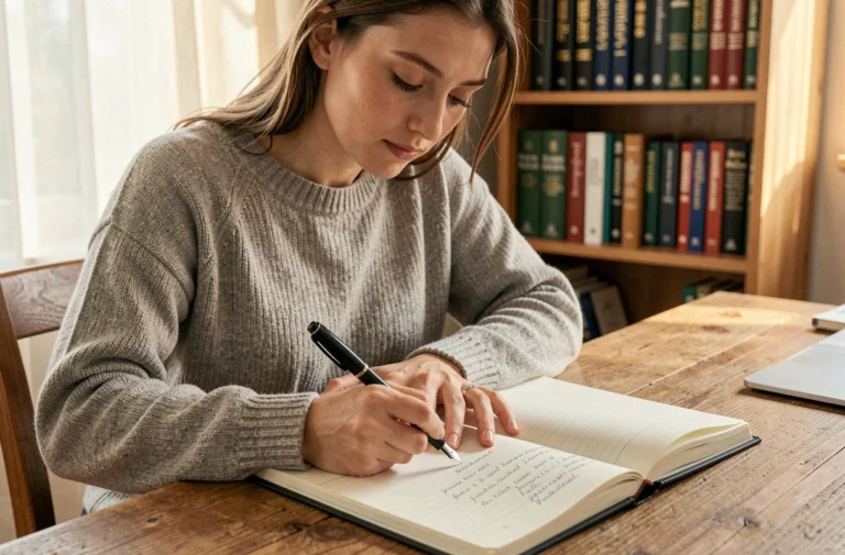 Jeune femme écrivant soigneusement dans un cahier avec un stylo plume sur un bureau en bois entouré de livres de grammaire française
