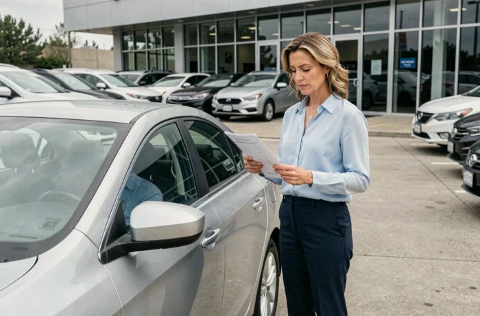 Femme inspectant une voiture d'occasion dans un parking de concessionnaire automobile avec une checklist à la main