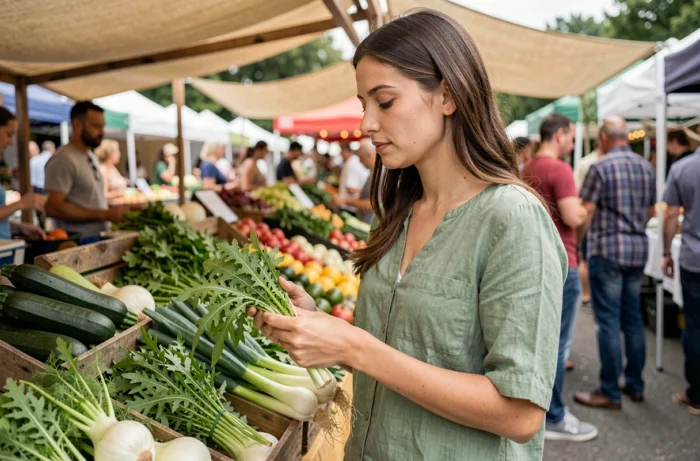 Jeune femme choisissant des légumes verts à feuilles à un marché de producteurs, illustrant une alimentation saine et équilibrée