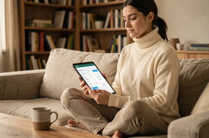 Jeune femme consultant un plan de site numérique sur une tablette depuis son espace de travail à domicile