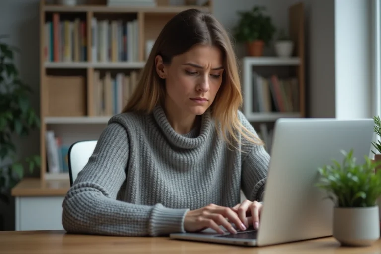 Femme concentrée résolvant un problème de connexion 1&1 mail sur son ordinateur portable au bureau