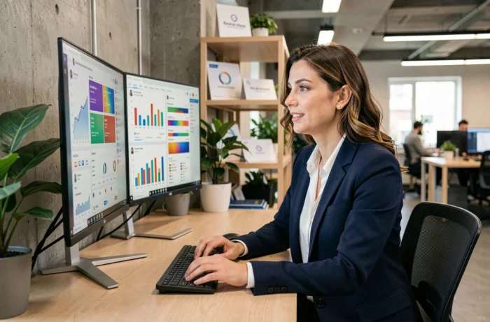 Femme professionnelle analysant des tableaux de bord de visibilité digitale sur des écrans dans un bureau moderne