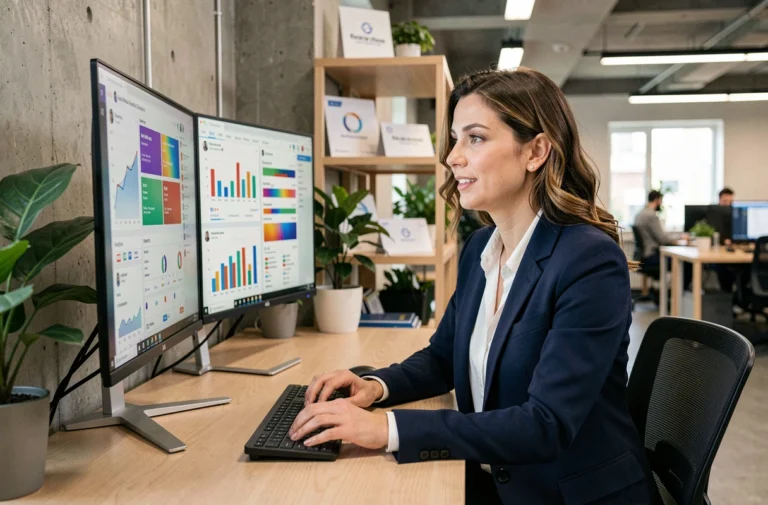 Femme professionnelle analysant des tableaux de bord de visibilité digitale sur des écrans dans un bureau moderne