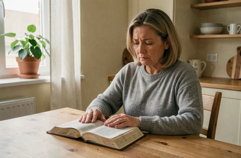 Femme seule lisant la Bible à une table en bois, expression pensive sur les familles séparées et la foi