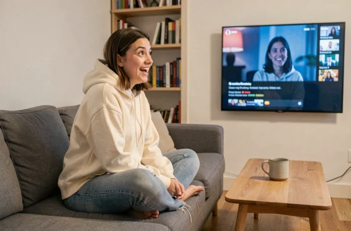Jeune femme regardant un streaming en direct sur sa télévision dans un salon moderne et cosy